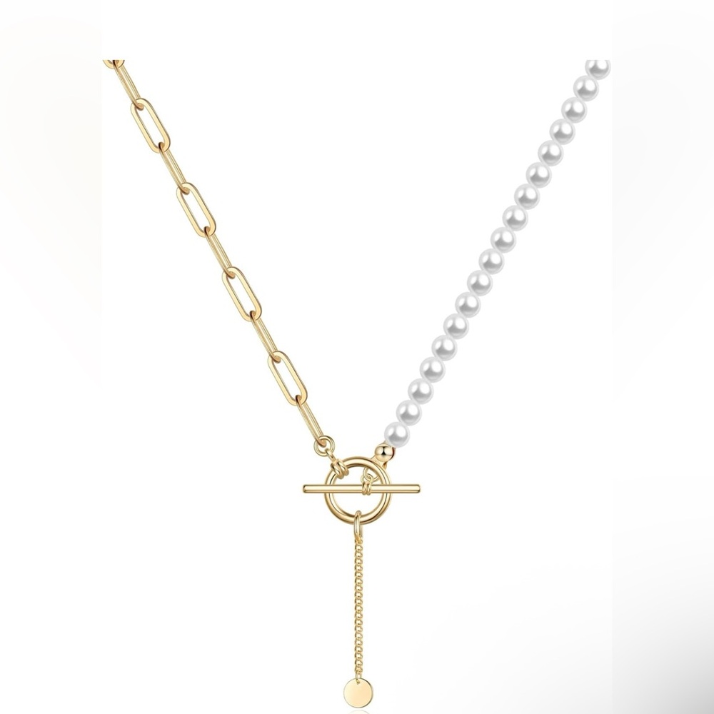 Necklace Y Toggle Half Paperclip Chain & Pearl. 14K gold plated NWOT Original$28